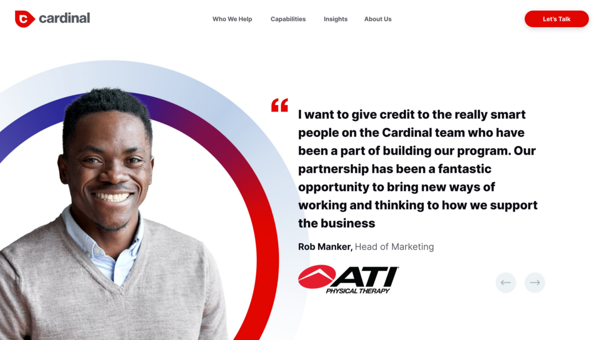 Modular digital design system for Cardinal's website showing a testimonial slider - desktop