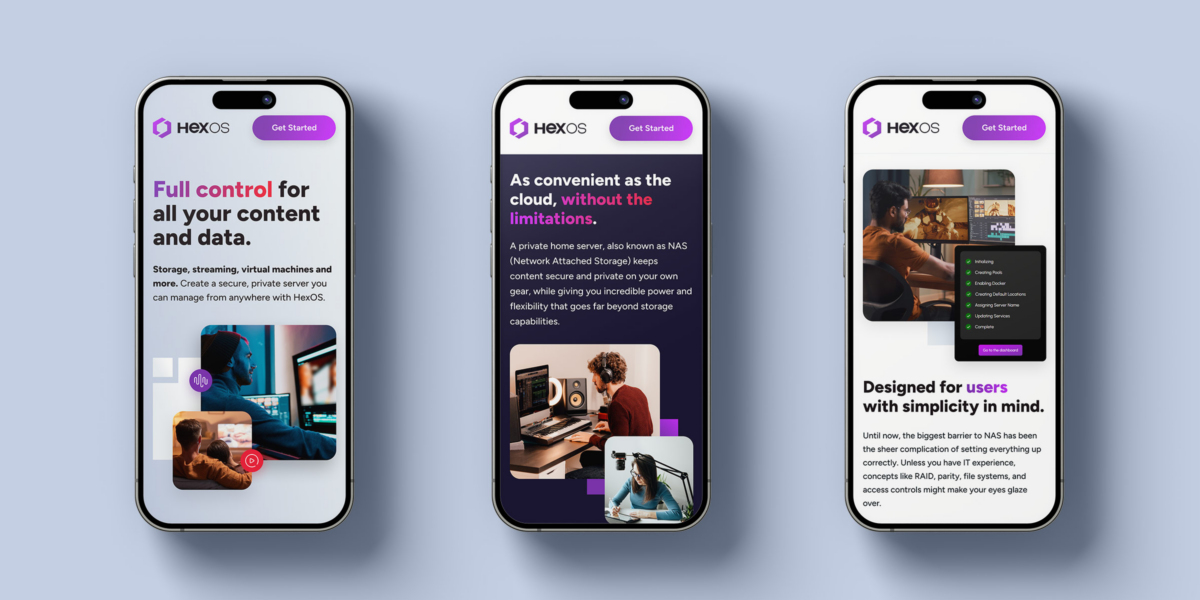 HexOS platform landing page designs on mobile